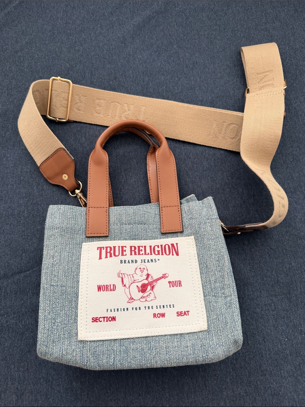 True Religion Light Blue Denim Mini Bag with Brown Handles and Beige Strap